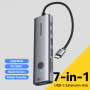 ESSAGER ES-HB03 7 az 1-ben hub - SD / TF kártya slot / HDMI / 2x USB-C / 2x USB-A - USB-C - sötétszürke
