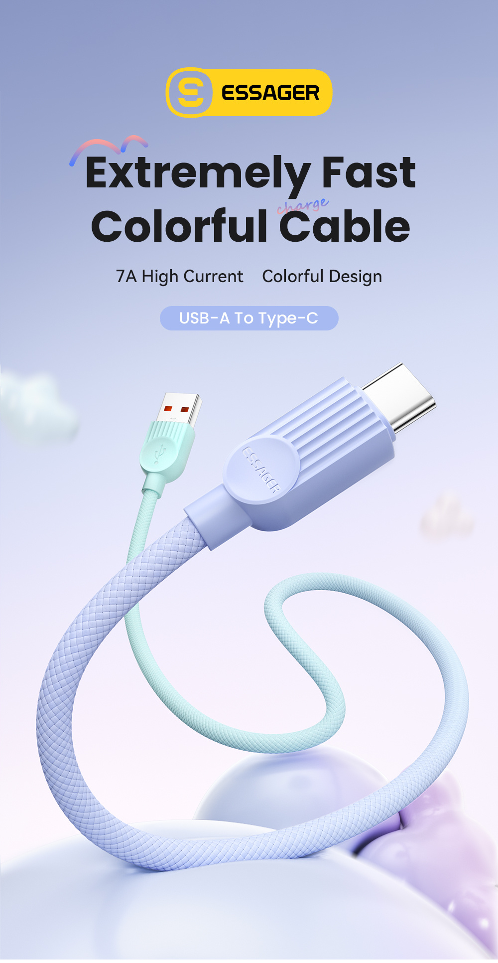 ESSAGER ES-X73 szövött töltő- és adatkábel - USB-A - USB-C - 2 m - mentol-lila