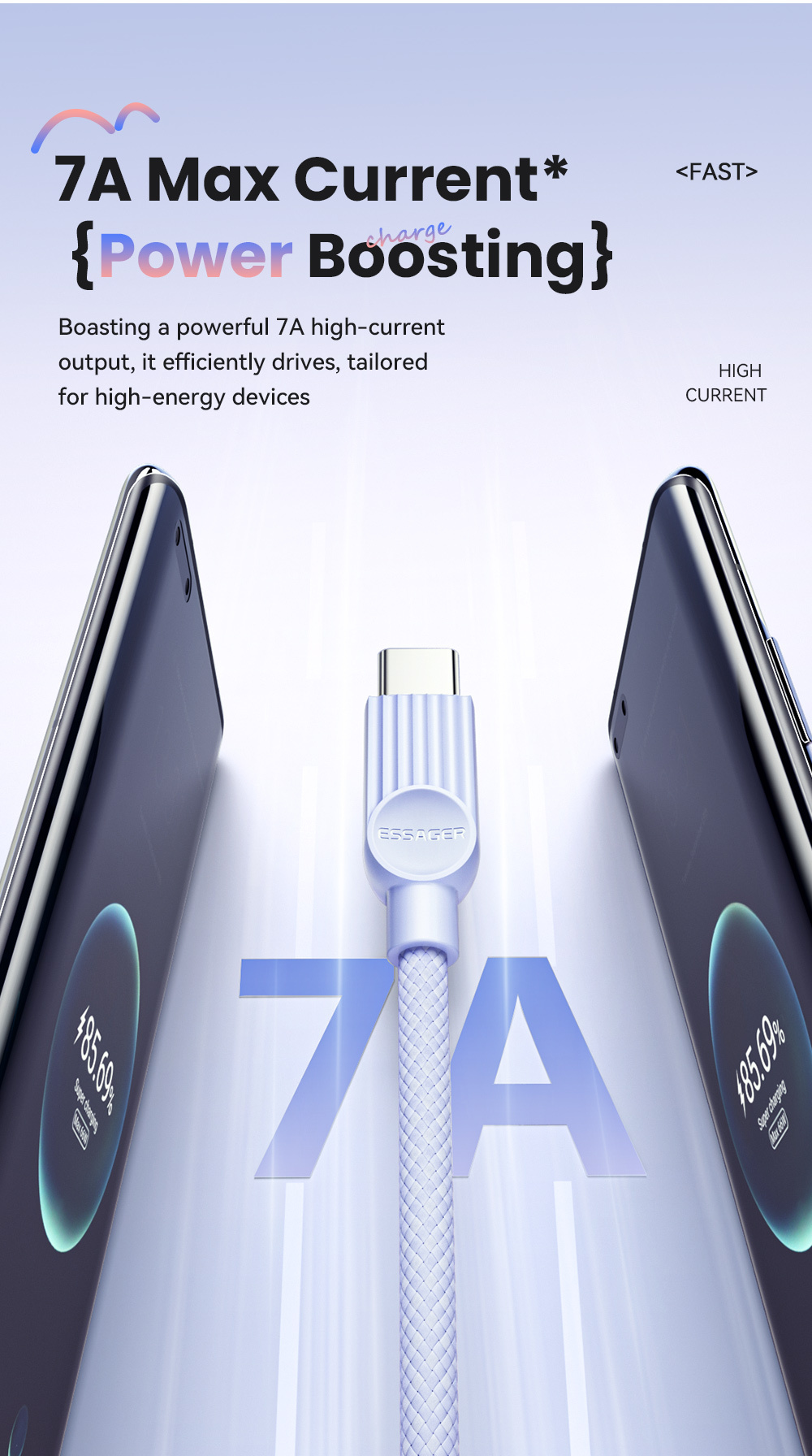 ESSAGER ES-X73 szövött töltő- és adatkábel - USB-A - USB-C - 2 m - mentol-lila
