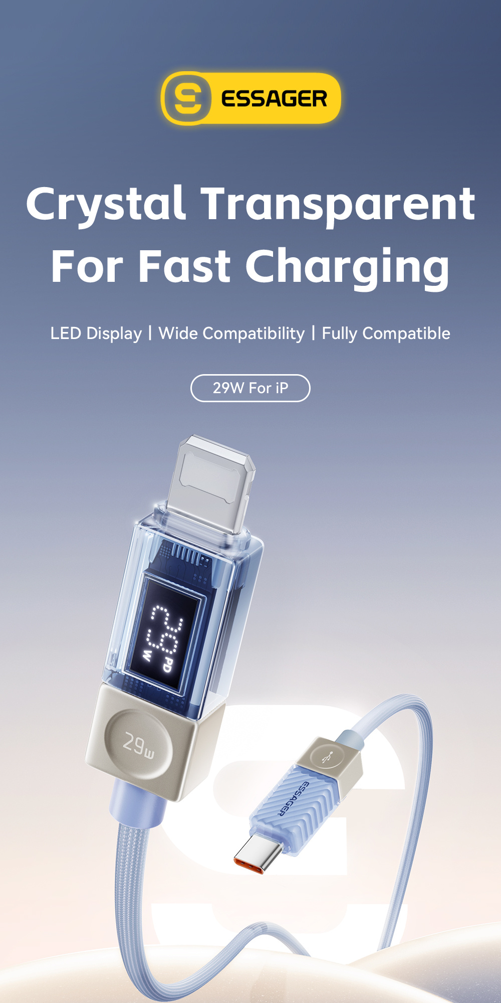 ESSAGER Crystal Clear fonott USB-C - Lightning kábel - 1 m - kék-lila