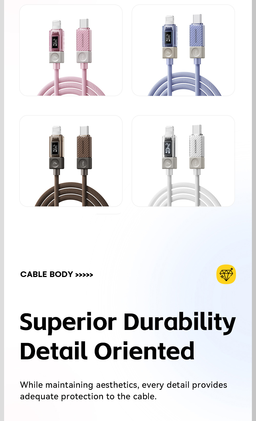 ESSAGER Crystal Clear fonott USB-C - Lightning kábel - 1 m - kék-lila