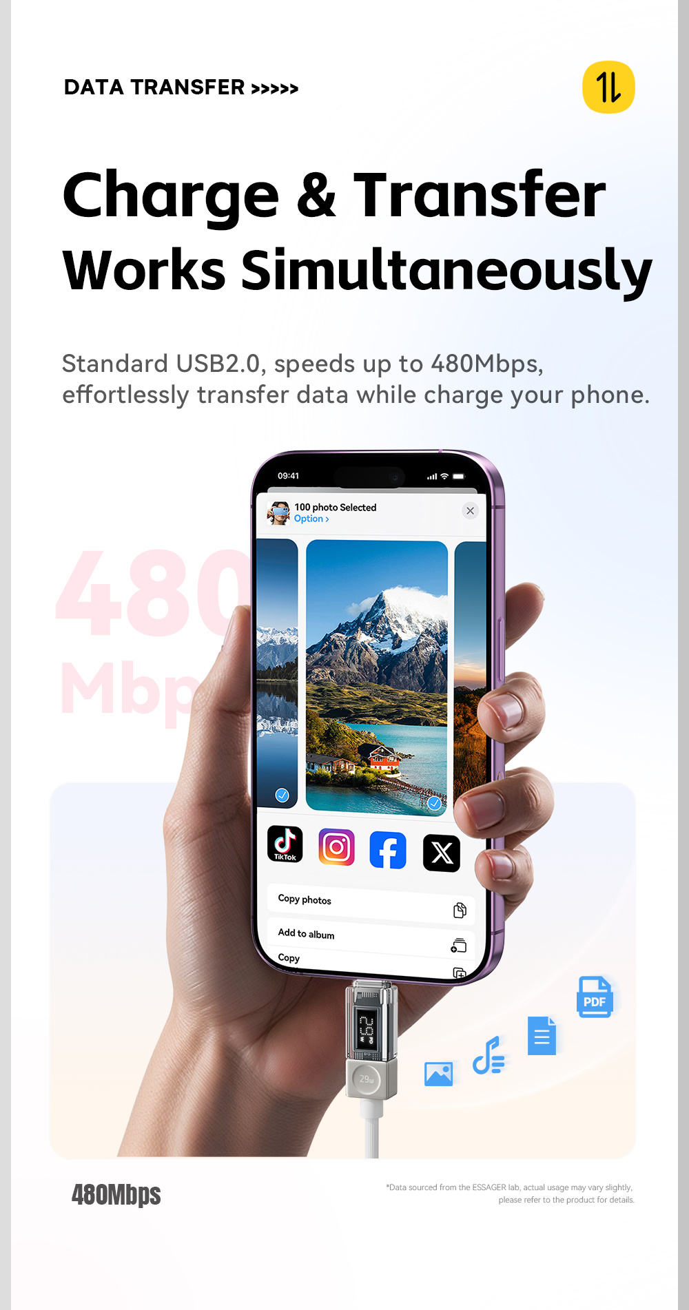 ESSAGER Crystal Clear fonott USB-C - Lightning kábel - 1 m - kék-lila