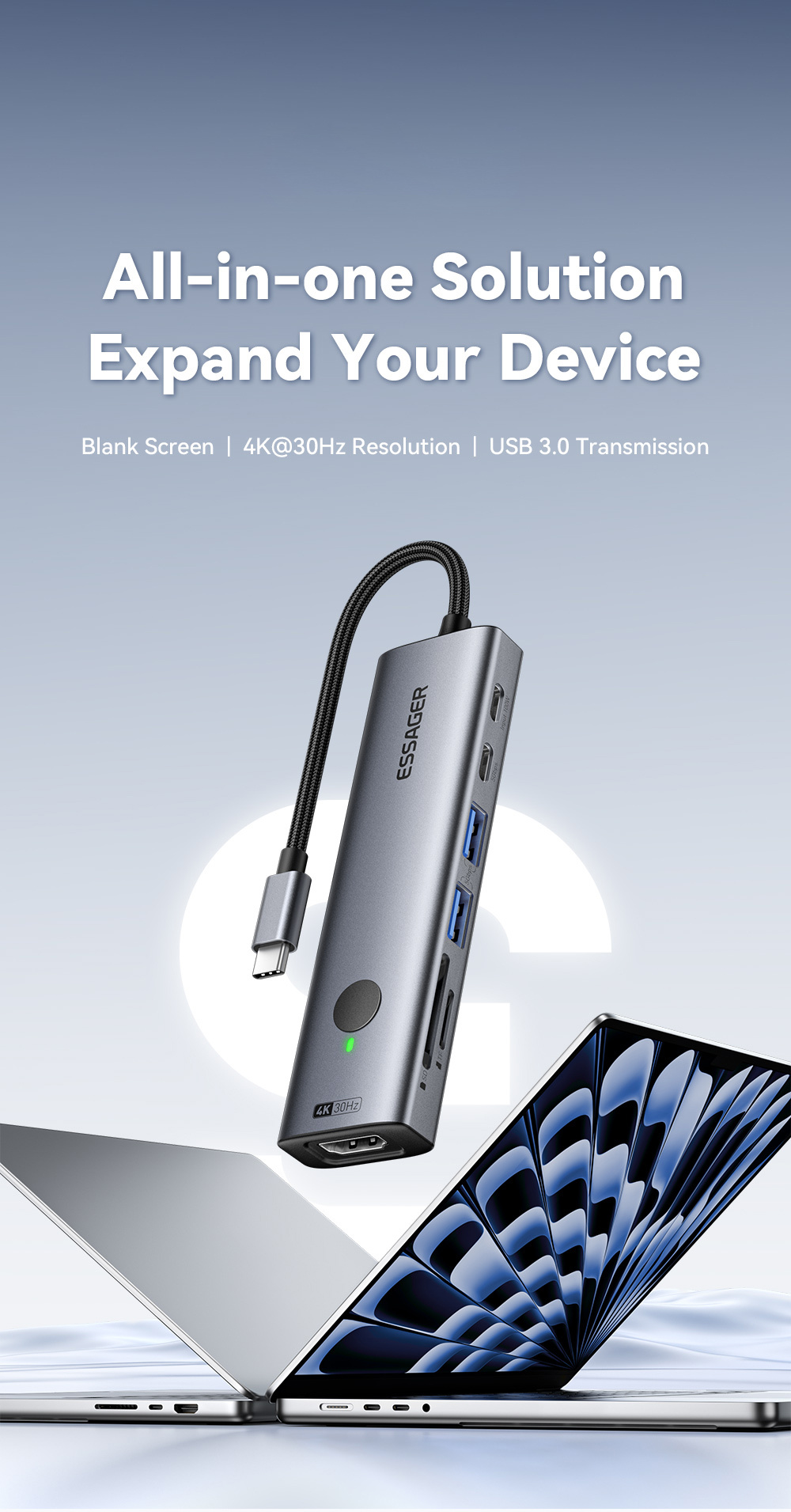 ESSAGER ES-HB03 7 az 1-ben hub - SD / TF kártya slot / HDMI / 2x USB-C / 2x USB-A - USB-C - sötétszürke