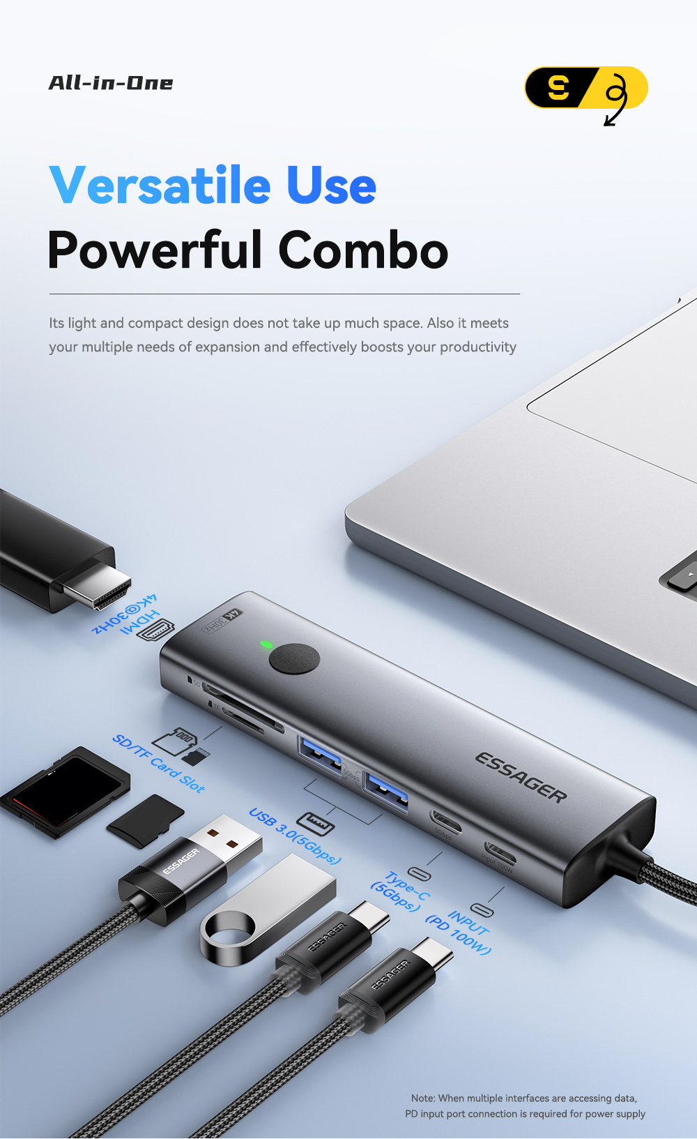 ESSAGER ES-HB03 7 az 1-ben hub - SD / TF kártya slot / HDMI / 2x USB-C / 2x USB-A - USB-C - sötétszürke