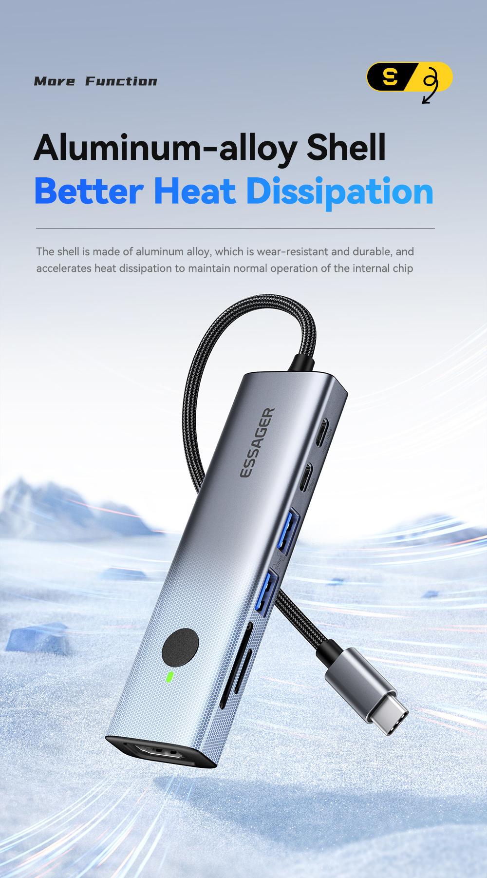 ESSAGER ES-HB03 7 az 1-ben hub - SD / TF kártya slot / HDMI / 2x USB-C / 2x USB-A - USB-C - sötétszürke