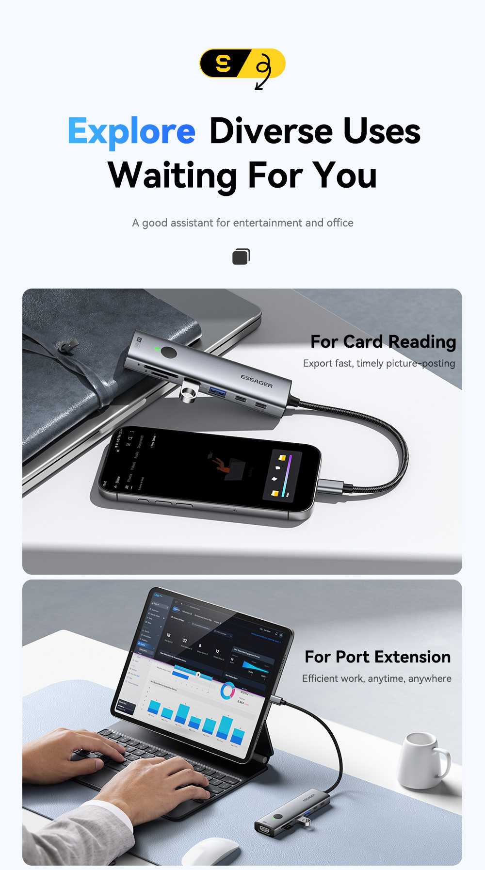 ESSAGER ES-HB03 7 az 1-ben hub - SD / TF kártya slot / HDMI / 2x USB-C / 2x USB-A - USB-C - sötétszürke
