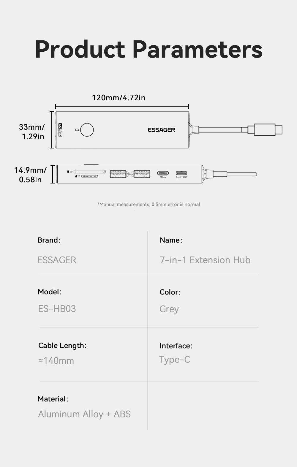 ESSAGER ES-HB03 7 az 1-ben hub - SD / TF kártya slot / HDMI / 2x USB-C / 2x USB-A - USB-C - sötétszürke ESSAGER ES-HB03 7 az 1-ben hub - SD / TF kártya slot / HDMI / 2x USB-C / 2x USB-A - USB-C - sötétszürke