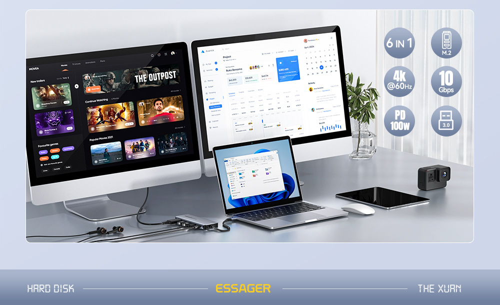 ESSAGER ES-HB01 6 az 1-ben hub - SSD / HDMI / 2x USB-C / 2x USB-A - USB-C - sötétszürke
