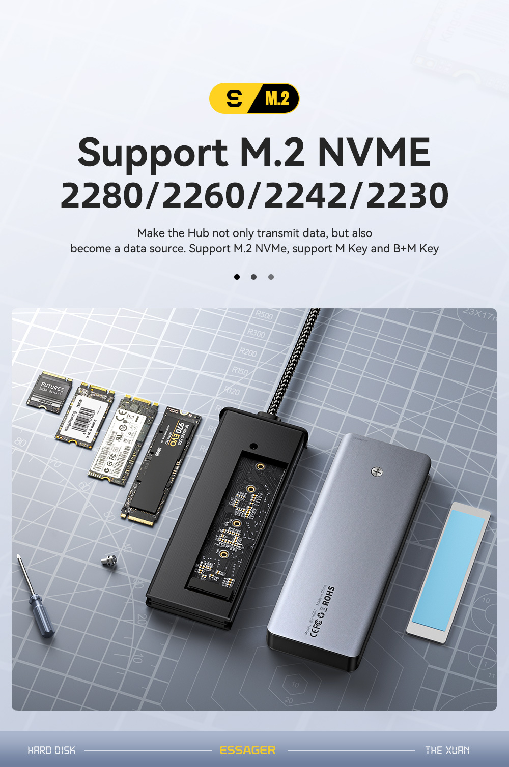 ESSAGER ES-HB01 6 az 1-ben hub - SSD / HDMI / 2x USB-C / 2x USB-A - USB-C - sötétszürke