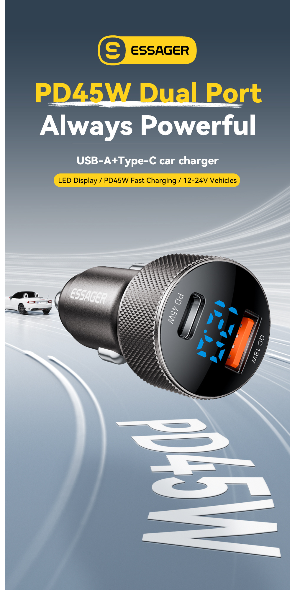 ESSAGER ES-CC21 autós töltő USB-C / USB-A portokkal - 45W - fekete