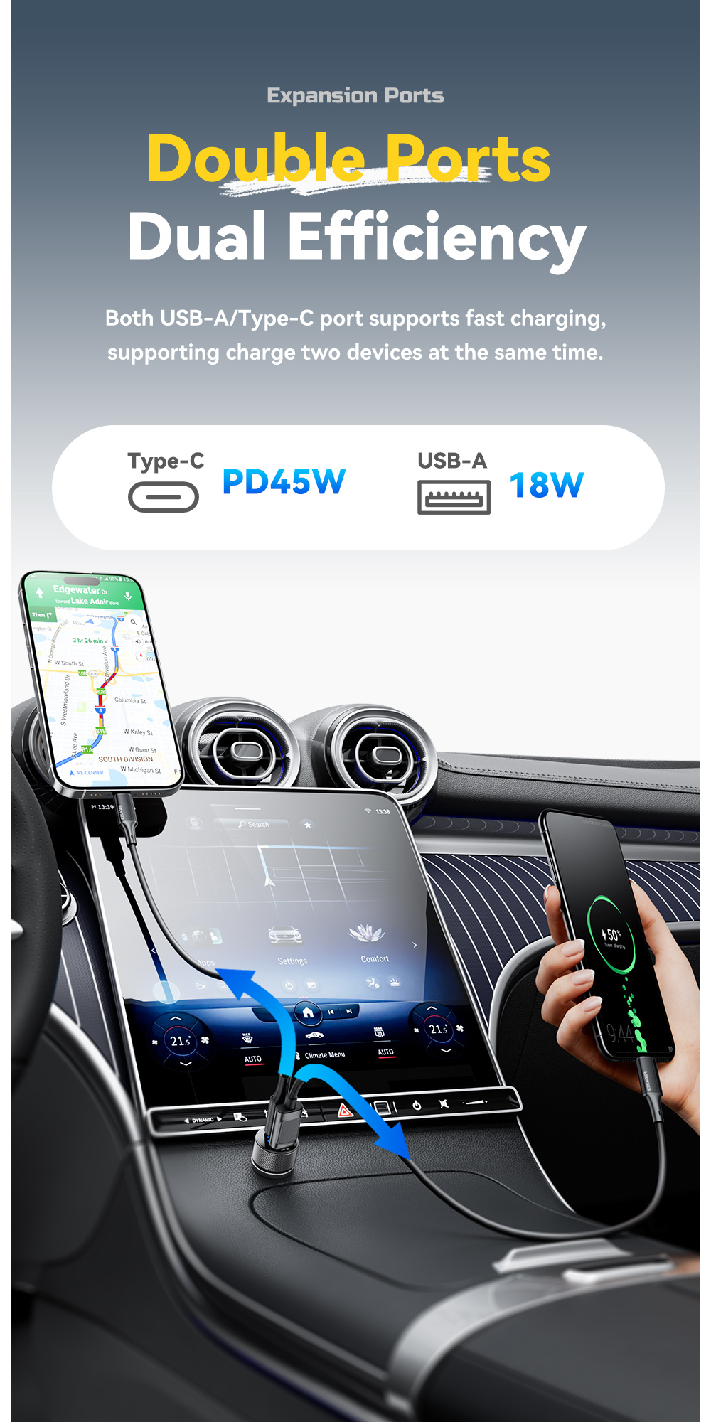 ESSAGER ES-CC21 autós töltő USB-C / USB-A portokkal - 45W - fekete