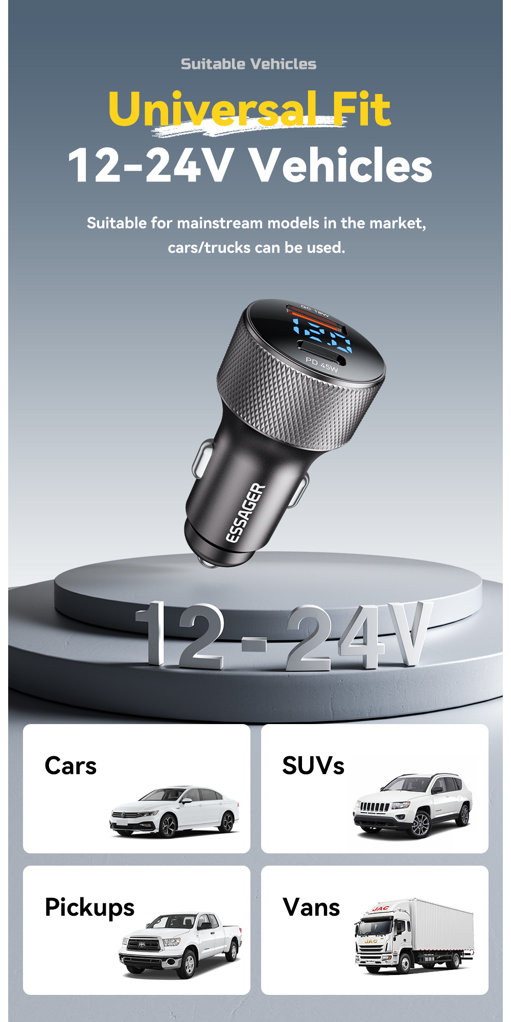 ESSAGER ES-CC21 autós töltő USB-C / USB-A portokkal - 45W - fekete