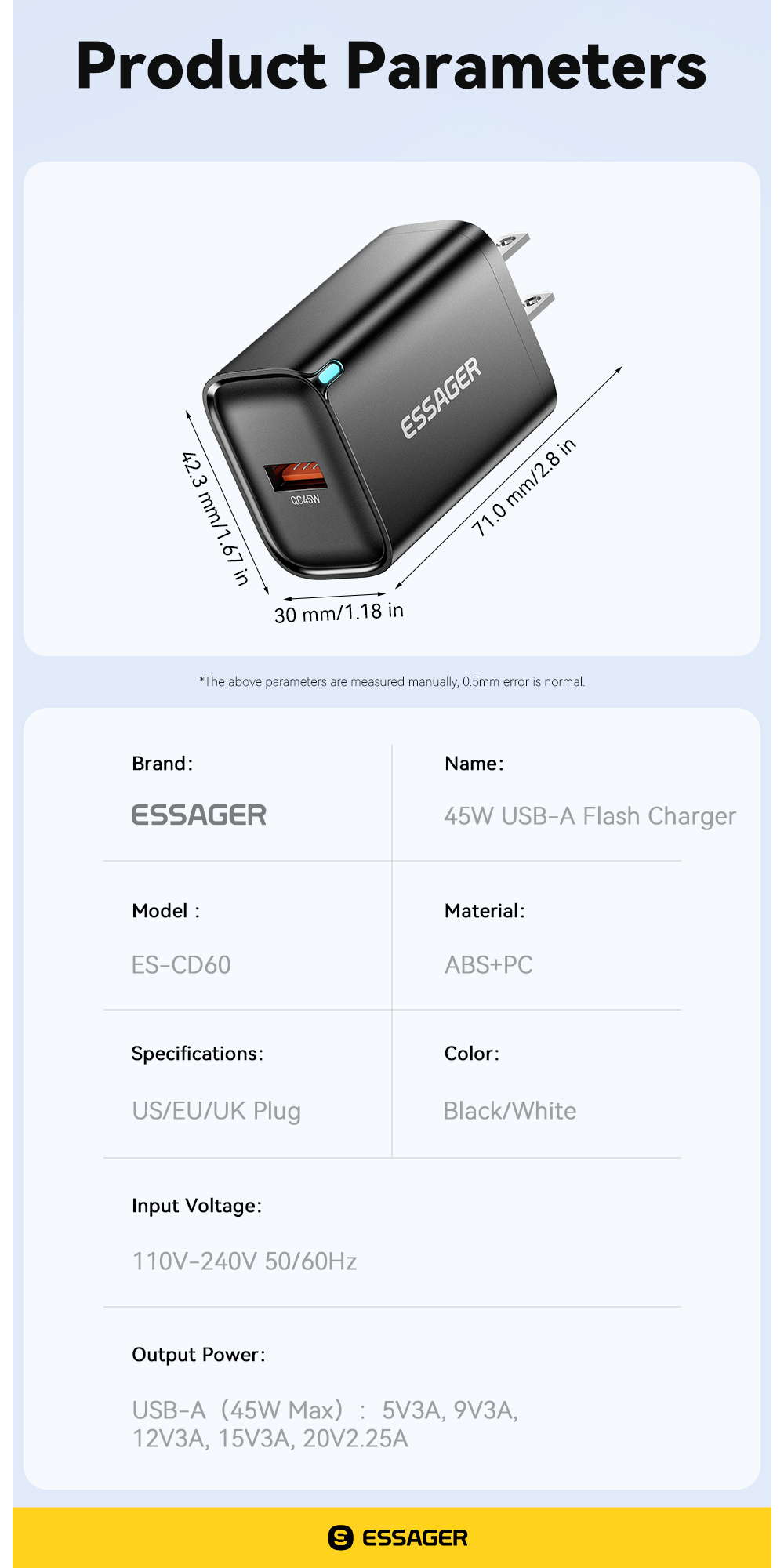 ESSAGER ES-CD60 gyorstöltő adapter USB-A porttal - 45W - fekete ESSAGER ES-CD60 gyorstöltő adapter USB-A porttal - 45W - fekete