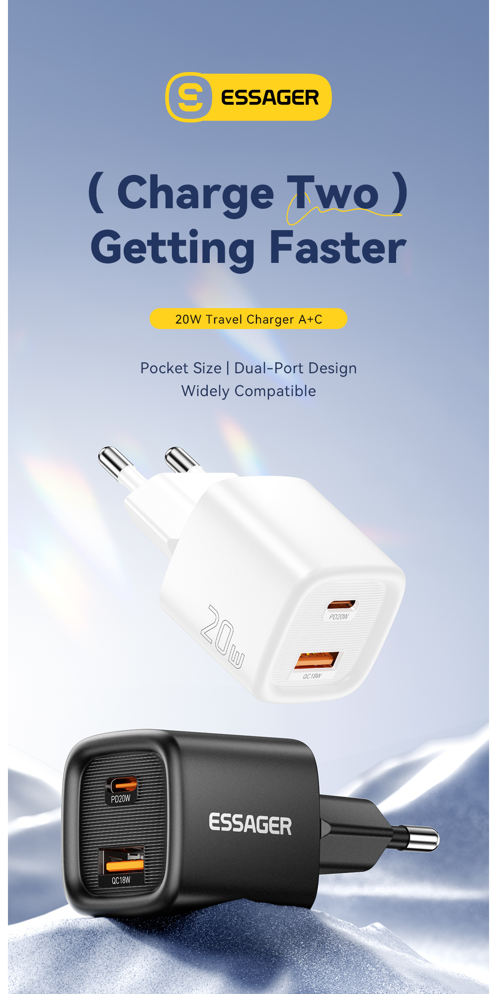 ESSAGER ES-CD54 mini gyorstöltő adapter USB-C / USB-A portokkal - 20W - fehér