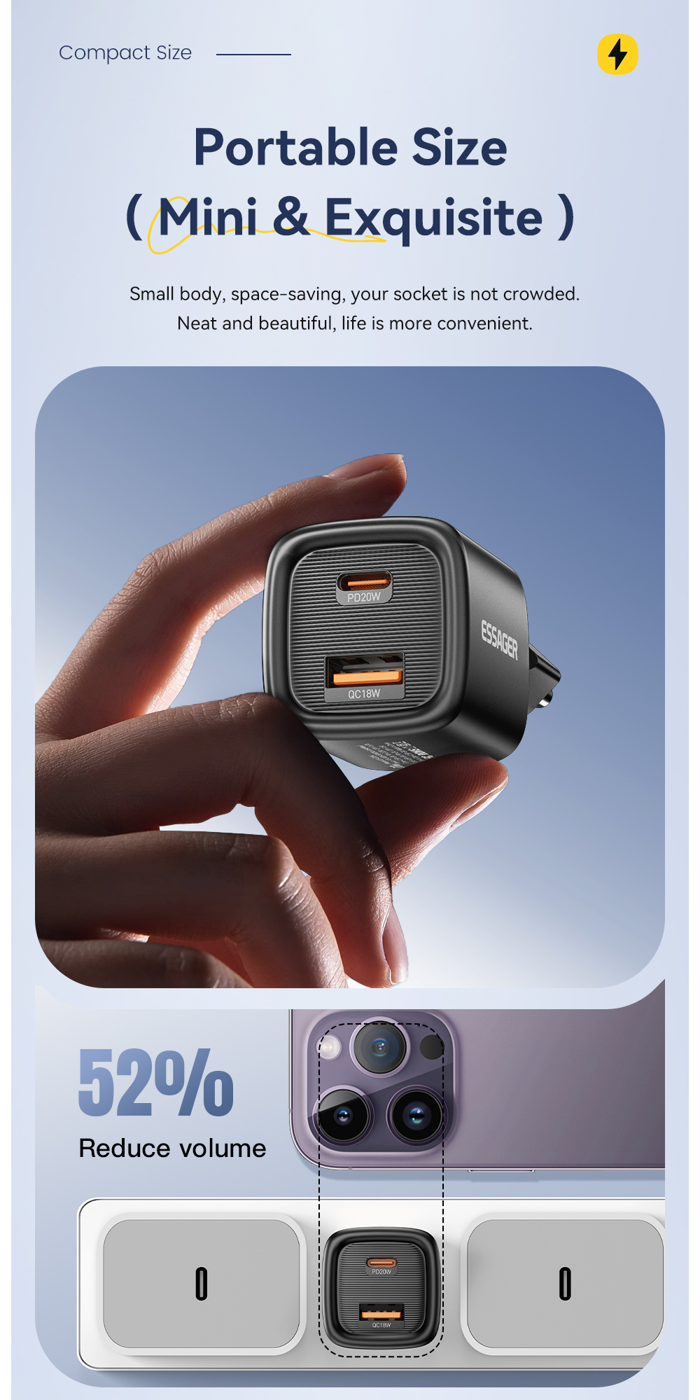 ESSAGER ES-CD54 mini gyorstöltő adapter USB-C / USB-A portokkal - 20W - fehér