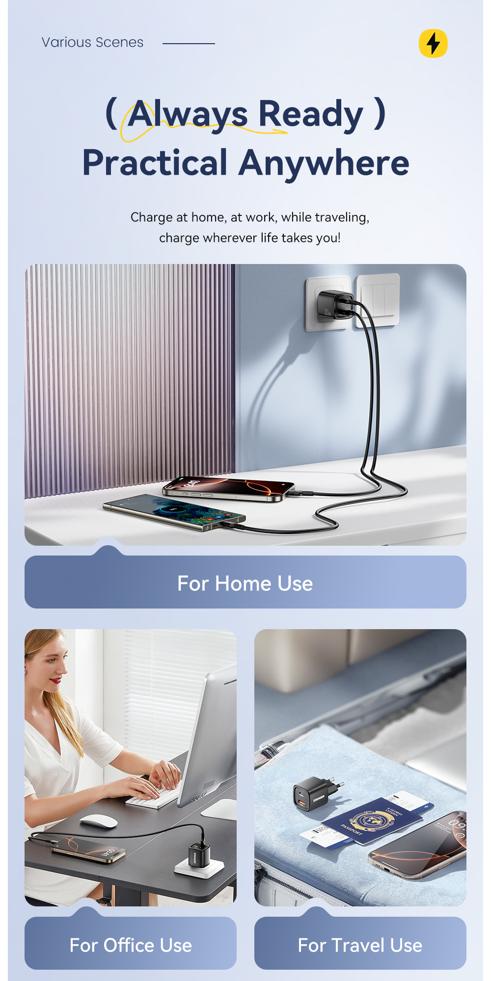ESSAGER ES-CD54 mini gyorstöltő adapter USB-C / USB-A portokkal - 20W - fehér