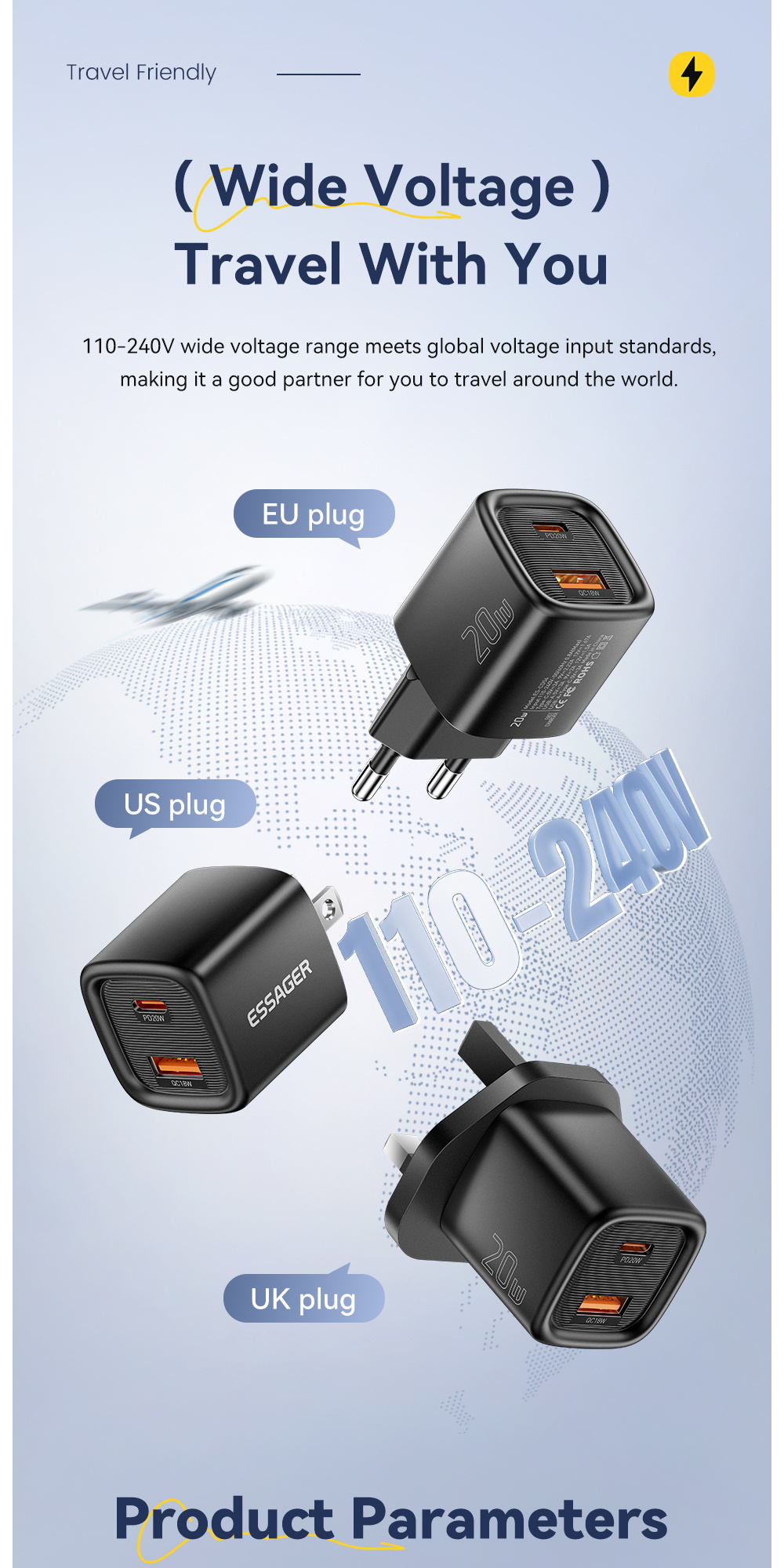 ESSAGER ES-CD54 mini gyorstöltő adapter USB-C / USB-A portokkal - 20W - fehér