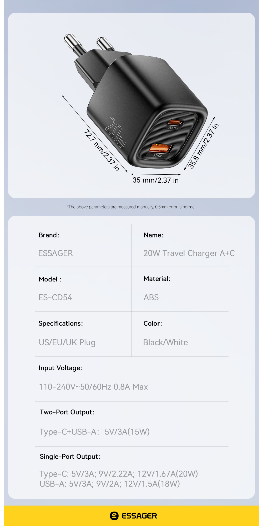 ESSAGER ES-CD54 mini gyorstöltő adapter USB-C / USB-A portokkal - 20W - fehér ESSAGER ES-CD54 mini gyorstöltő adapter USB-C / USB-A portokkal - 20W - fehér