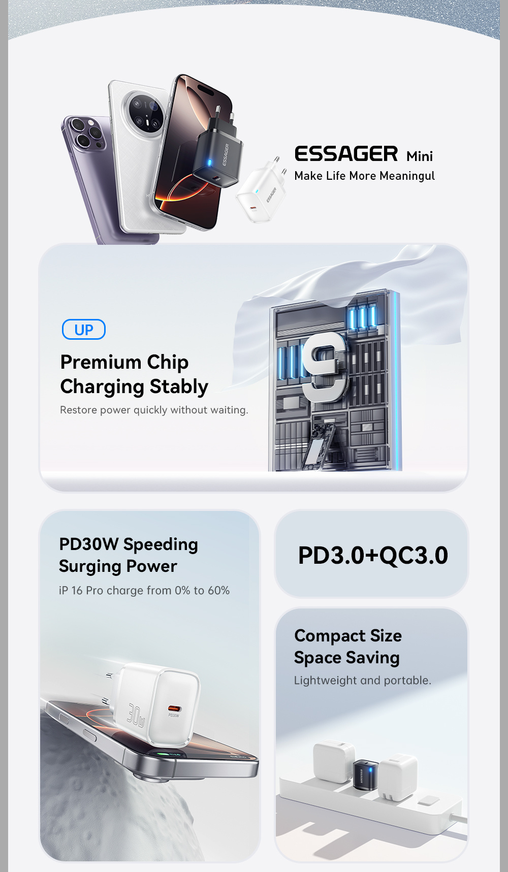 ESSAGER ES-CD52 gyorstöltő adapter USB-C porttal - 30W - fehér