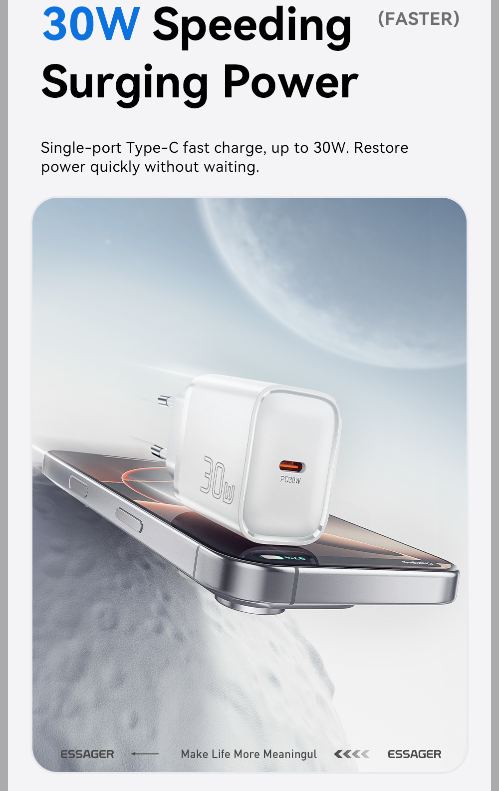 ESSAGER ES-CD52 gyorstöltő adapter USB-C porttal - 30W - fehér