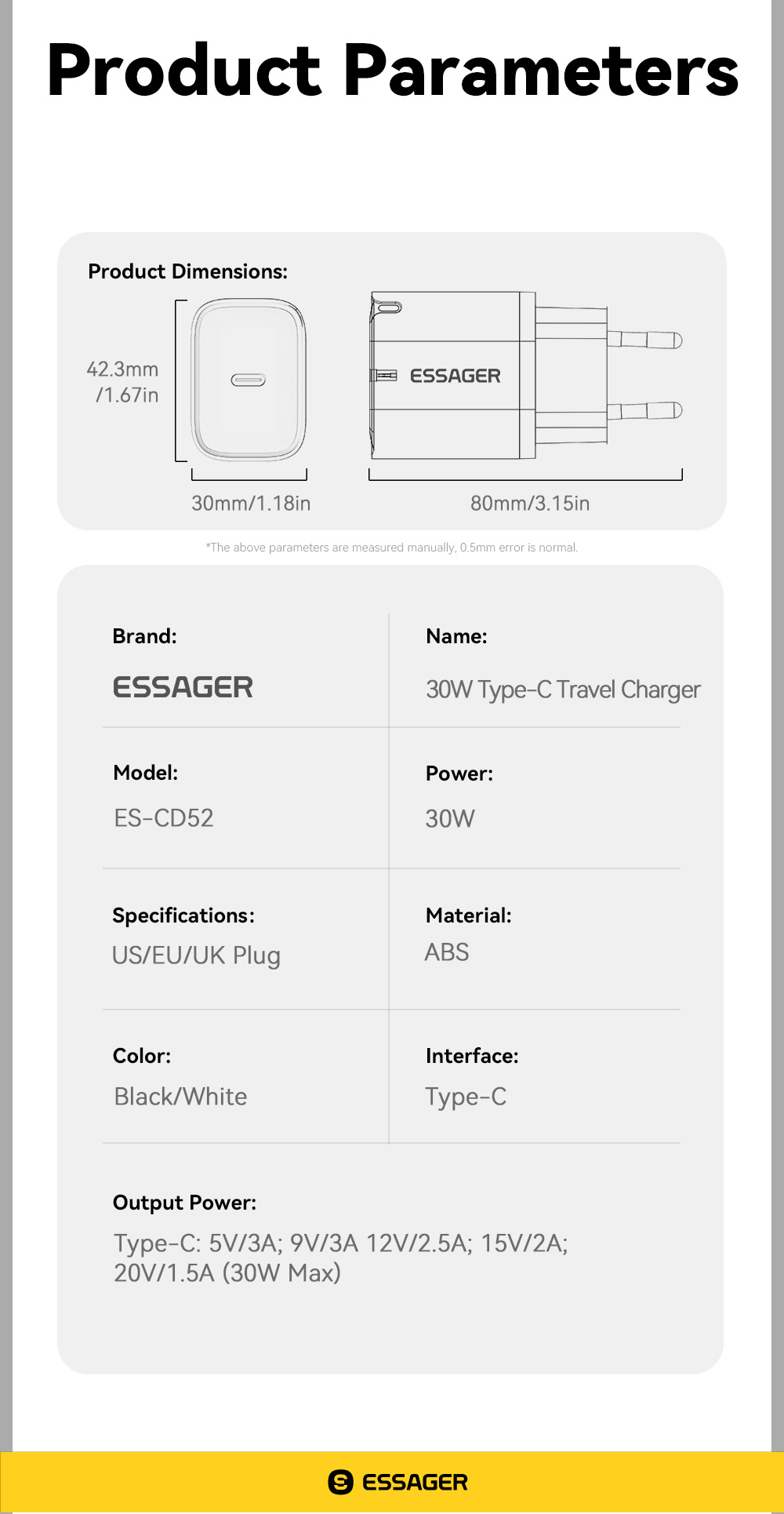 ESSAGER ES-CD52 gyorstöltő adapter USB-C porttal - 30W - fehér