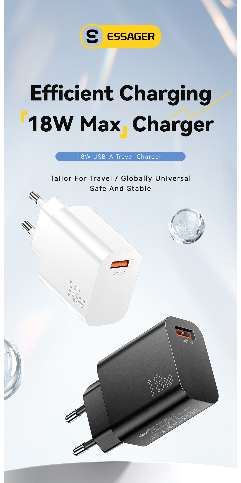 ESSAGER S9 GaN gyorstöltő adapter USB-A porttal - 18W - fekete