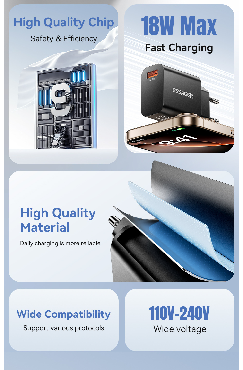 ESSAGER S9 GaN gyorstöltő adapter USB-A porttal - 18W - fekete