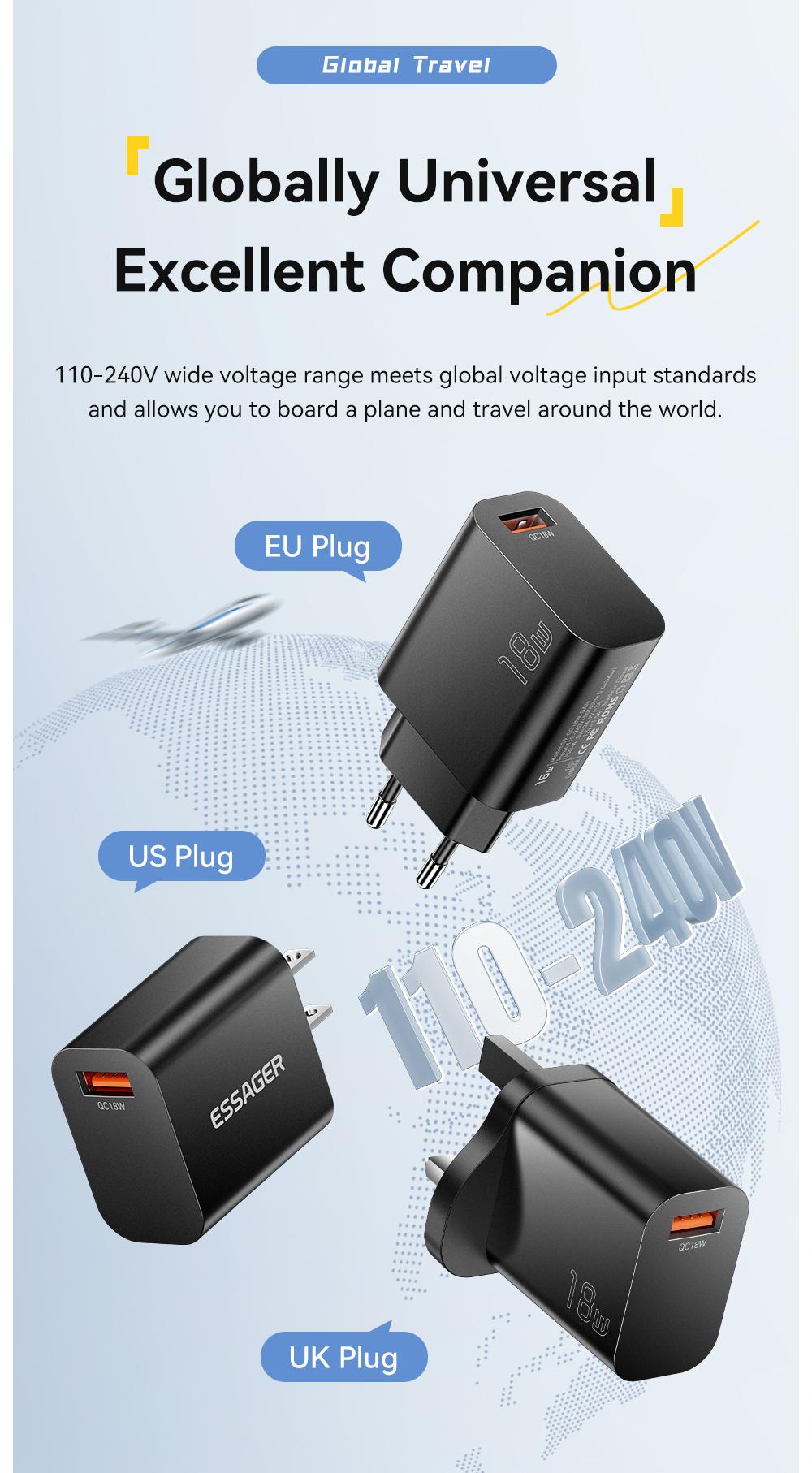 ESSAGER S9 GaN gyorstöltő adapter USB-A porttal - 18W - fekete