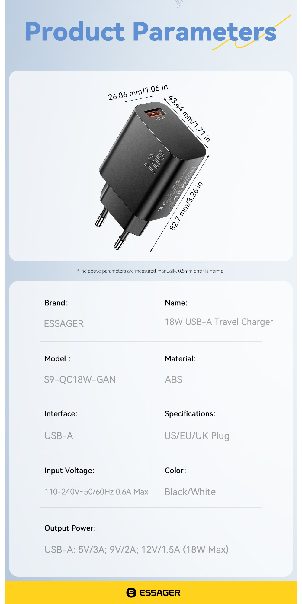 ESSAGER S9 GaN gyorstöltő adapter USB-A porttal - 18W - fekete ESSAGER S9 GaN gyorstöltő adapter USB-A porttal - 18W - fekete