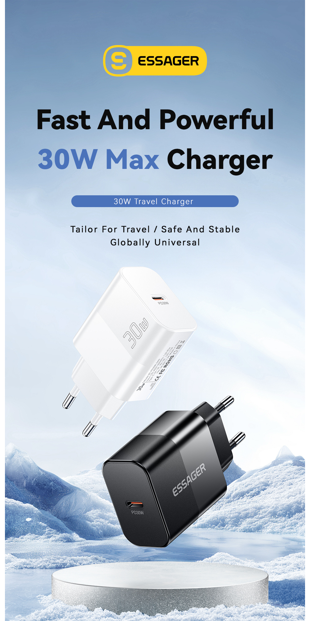 ESSAGER X9 GaN gyorstöltő adapter USB-C porttal - 30W - fekete