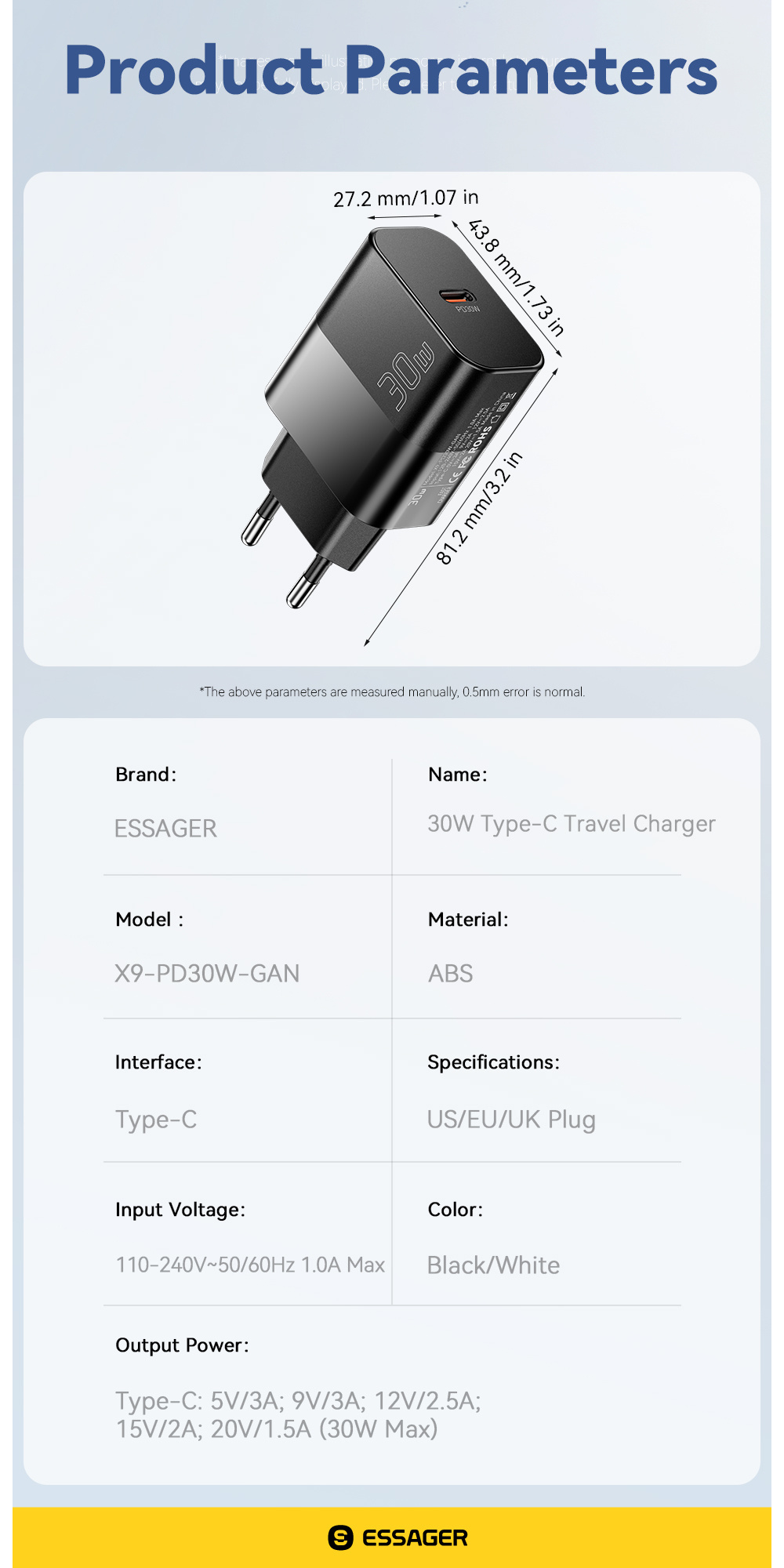ESSAGER X9 GaN gyorstöltő adapter USB-C porttal - 30W - fekete ESSAGER X9 GaN gyorstöltő adapter USB-C porttal - 30W - fekete