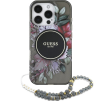 Guess IML Flowers Pearl Strap hátlap pánttal és MagSafe funkcióval iPhone 16 Pro Max készülékhez - szürke