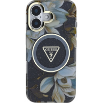 Guess IML Glitter Magnolia és Triangle Logo tok MagSafe-el* iPhone 16-hoz - fekete