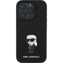 Karl Lagerfeld Fix Glitter Metal Ikonik csillogó borítás iPhone 16 Pro telefonhoz - fekete