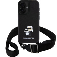 Karl Lagerfeld Saffiano Crossbody fém Karl és Choupette tok állítható szíjjal iPhone 16 Plus készülékhez - fekete