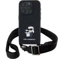 Karl Lagerfeld Saffiano Crossbody fém Karl és Choupette tok állítható pánttal iPhone 16 Pro készülékhez - fekete
