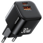 USAMS CC263 GaN mini gyorstöltő adapter USB-C / USB-A portokkal - 30W - fekete