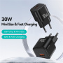 USAMS CC263 GaN mini gyorstöltő adapter USB-C / USB-A portokkal - 30W - fehér