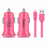 HOCO autós töltő kettőUSB porttal + lightningcsatlakozóval Apple iPhone / iPad / iPod-re - rózsaszín