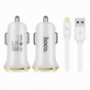 HOCO autós töltő kettőUSB porttal + lightningcsatlakozóval Apple iPhone / iPad / iPod-re - fehér
