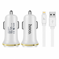 HOCO autós töltő kettőUSB porttal + lightningcsatlakozóval Apple iPhone / iPad / iPod-re - fehér