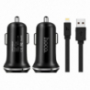 HOCO autós töltő kettőUSB porttal + lightningcsatlakozóval Apple iPhone / iPad / iPod-re - fekete