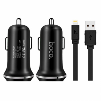 HOCO autós töltő kettőUSB porttal + lightningcsatlakozóval Apple iPhone / iPad / iPod-re - fekete