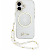 Guess IML Glitter Script Strap tok MagSafe-szel és pánttal iPhone 17-hez - átlátszó