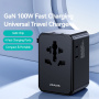 USAMS CC334 GaN univerzális úti töltő adapter 3x USB-C / USB-A porttal és kihúzható csatlakozókkal - 100 - fekete