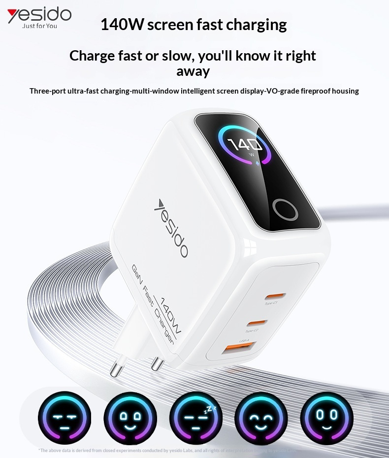 Yesido YC114 GaN gyorstöltő töltő adapter kijelzővel és 2x USB-C / USB-A porttal - 140W - fehér