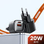 Toocki TC2220 GaN mini gyorstöltő töltő adapter USB-C / USB-A portokkal - 20W - fekete