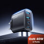 Toocki TC53402 GaN gyorstöltő töltő adapter 2x USB-C / 2x USB-A portokkal - 40W - fekete
