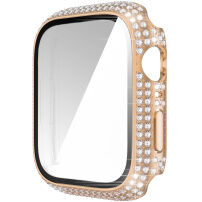 Strasszkővel kirakott tok edzett üveggel - Apple Watch 45mm - rózsaszín-arany