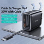 USAMS CC296 GaN töltő adapter szett USB-C / USB-A portokkal és kihúzható USB-C kábel - 30W - fehér